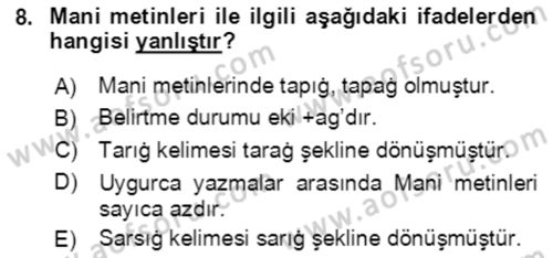 Uygur Türkçesi Dersi 2018 - 2019 Yılı (Vize) Ara Sınav Soruları 8. Soru