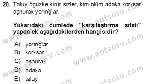 Uygur Türkçesi Dersi 2018 - 2019 Yılı Yaz Okulu Sınav Soruları 20. Soru