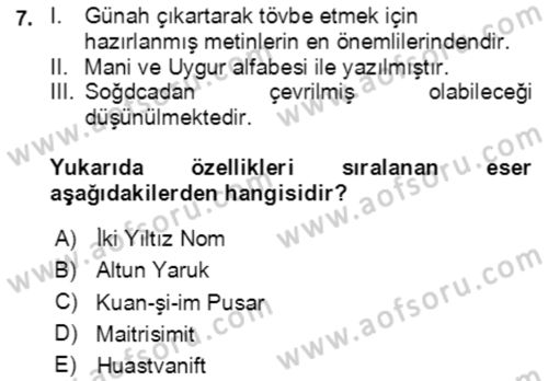Uygur Türkçesi Dersi 2020 - 2021 Yılı Yaz Okulu Sınav Soruları 7. Soru