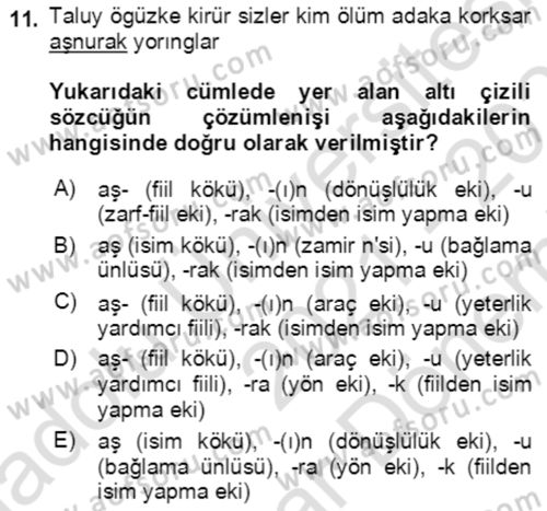 Uygur Türkçesi Dersi 2021 - 2022 Yılı (Final) Dönem Sonu Sınav Soruları 11. Soru