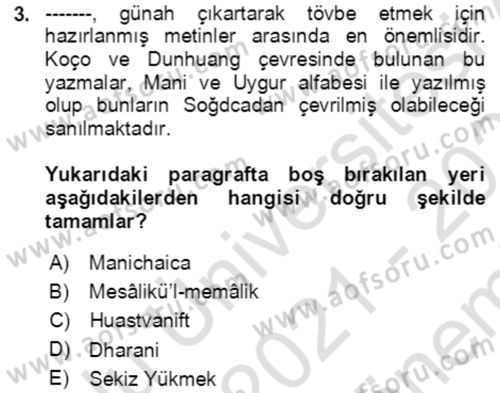 Uygur Türkçesi Dersi 2021 - 2022 Yılı (Final) Dönem Sonu Sınav Soruları 3. Soru