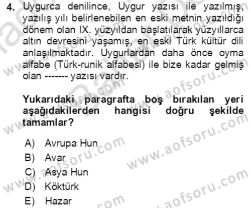 Uygur Türkçesi Dersi 2021 - 2022 Yılı (Final) Dönem Sonu Sınav Soruları 4. Soru