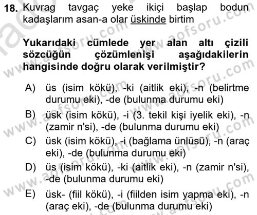 Uygur Türkçesi Dersi 2022 - 2023 Yılı Yaz Okulu Sınav Soruları 18. Soru