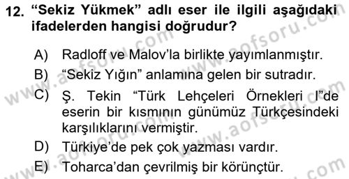 Uygur Türkçesi Dersi 2023 - 2024 Yılı (Vize) Ara Sınav Soruları 12. Soru