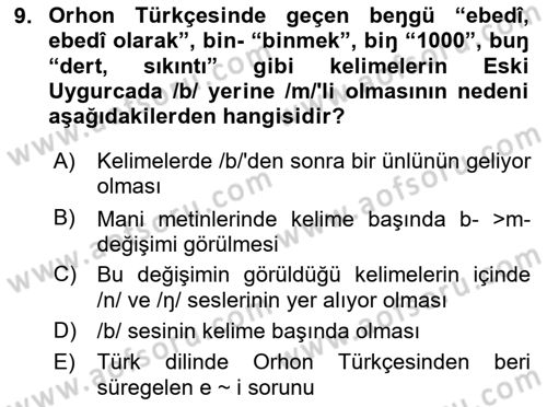 Uygur Türkçesi Dersi 2023 - 2024 Yılı (Vize) Ara Sınav Soruları 9. Soru