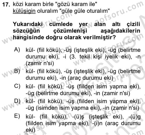 Uygur Türkçesi Dersi 2023 - 2024 Yılı (Final) Dönem Sonu Sınav Soruları 17. Soru