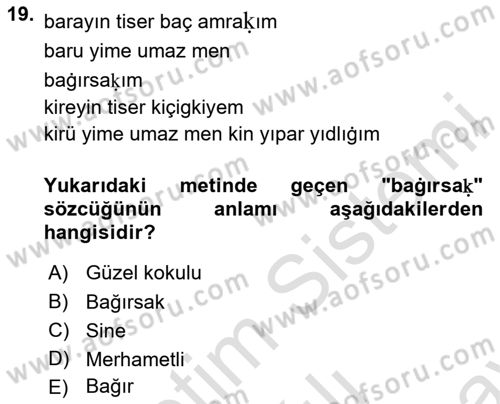 Uygur Türkçesi Dersi 2023 - 2024 Yılı (Final) Dönem Sonu Sınav Soruları 19. Soru