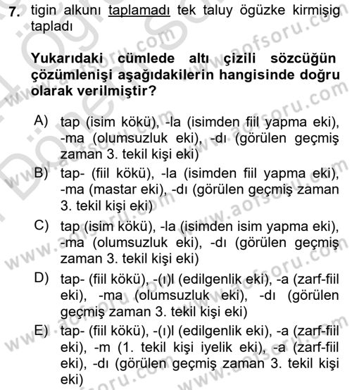 Uygur Türkçesi Dersi 2023 - 2024 Yılı (Final) Dönem Sonu Sınav Soruları 7. Soru