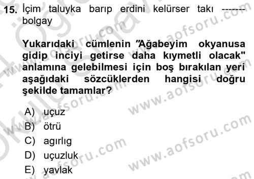 Uygur Türkçesi Dersi 2023 - 2024 Yılı Yaz Okulu Sınav Soruları 15. Soru
