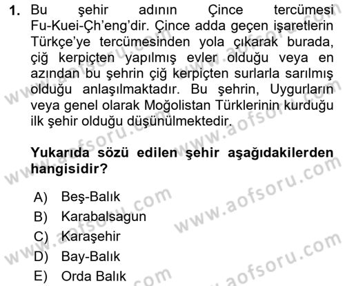 Uygur Türkçesi Dersi 2024 - 2025 Yılı (Vize) Ara Sınav Soruları 1. Soru