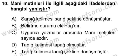 Uygur Türkçesi Dersi 2024 - 2025 Yılı (Vize) Ara Sınav Soruları 10. Soru