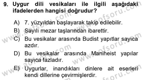 Uygur Türkçesi Dersi 2024 - 2025 Yılı (Vize) Ara Sınav Soruları 9. Soru