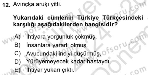 Uygur Türkçesi Dersi 2024 - 2025 Yılı (Final) Dönem Sonu Sınav Soruları 12. Soru
