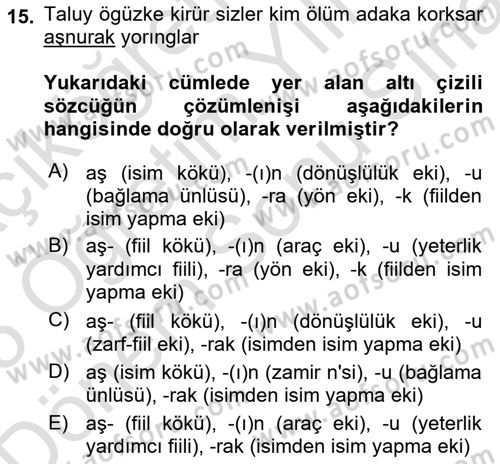 Uygur Türkçesi Dersi 2024 - 2025 Yılı (Final) Dönem Sonu Sınav Soruları 15. Soru