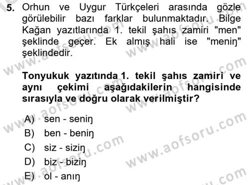 Uygur Türkçesi Dersi Yaz Okulu Sınavı Deneme Sınav Soruları 5. Soru