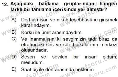 Türkçe Cümle Bilgisi 1 Dersi 2015 - 2016 Yılı (Final) Dönem Sonu Sınav Soruları 12. Soru
