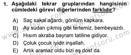 Türkçe Cümle Bilgisi 1 Dersi 2016 - 2017 Yılı (Final) Dönem Sonu Sınav Soruları 1. Soru