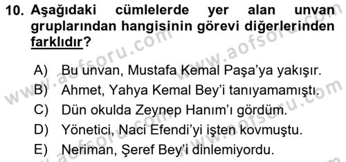 Türkçe Cümle Bilgisi 1 Dersi 2016 - 2017 Yılı (Final) Dönem Sonu Sınav Soruları 10. Soru