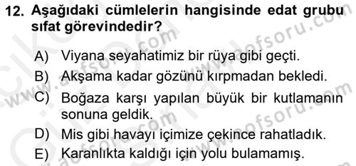 Türkçe Cümle Bilgisi 1 Dersi 2016 - 2017 Yılı (Final) Dönem Sonu Sınav Soruları 12. Soru