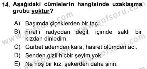 Türkçe Cümle Bilgisi 1 Dersi 2016 - 2017 Yılı (Final) Dönem Sonu Sınav Soruları 14. Soru