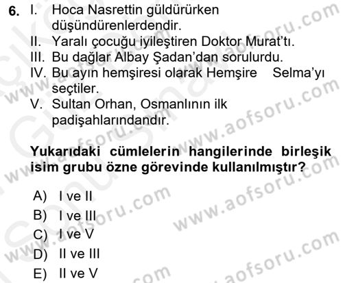 Türkçe Cümle Bilgisi 1 Dersi 2016 - 2017 Yılı (Final) Dönem Sonu Sınav Soruları 6. Soru