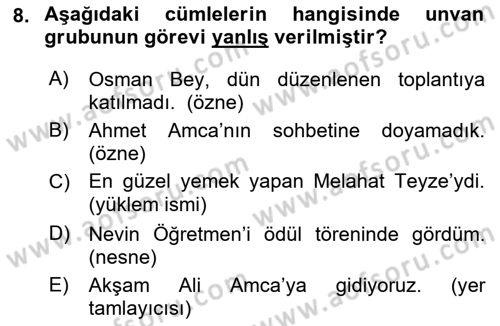 Türkçe Cümle Bilgisi 1 Dersi 2016 - 2017 Yılı (Final) Dönem Sonu Sınav Soruları 8. Soru