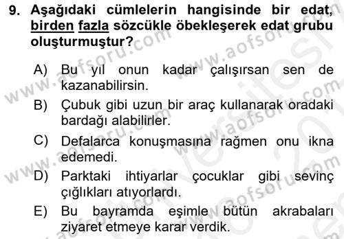 Türkçe Cümle Bilgisi 1 Dersi 2016 - 2017 Yılı (Final) Dönem Sonu Sınav Soruları 9. Soru