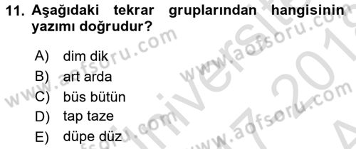Türkçe Cümle Bilgisi 1 Dersi 2017 - 2018 Yılı (Vize) Ara Sınav Soruları 11. Soru