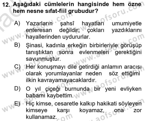 Türkçe Cümle Bilgisi 1 Dersi Ara Sınavı Deneme Sınav Soruları 12. Soru