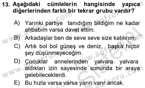 Türkçe Cümle Bilgisi 1 Dersi Ara Sınavı Deneme Sınav Soruları 13. Soru