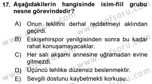 Türkçe Cümle Bilgisi 1 Dersi 2017 - 2018 Yılı (Vize) Ara Sınav Soruları 17. Soru