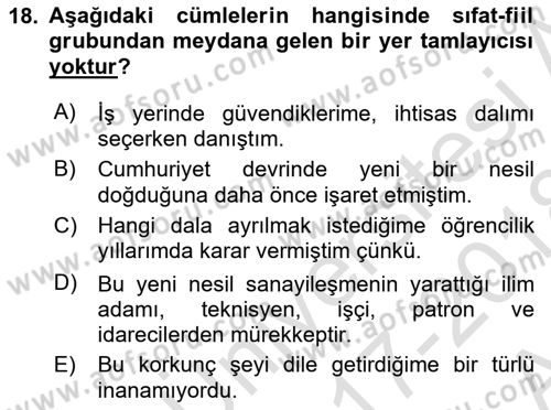Türkçe Cümle Bilgisi 1 Dersi Ara Sınavı Deneme Sınav Soruları 18. Soru