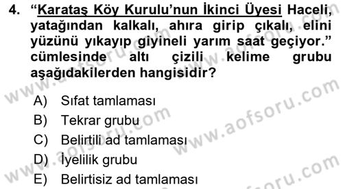 Türkçe Cümle Bilgisi 1 Dersi Ara Sınavı Deneme Sınav Soruları 4. Soru