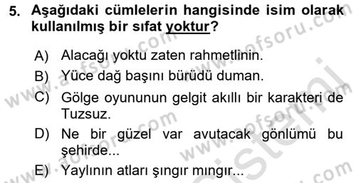Türkçe Cümle Bilgisi 1 Dersi Ara Sınavı Deneme Sınav Soruları 5. Soru