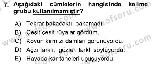 Türkçe Cümle Bilgisi 1 Dersi Ara Sınavı Deneme Sınav Soruları 7. Soru