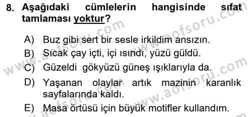 Türkçe Cümle Bilgisi 1 Dersi Ara Sınavı Deneme Sınav Soruları 8. Soru
