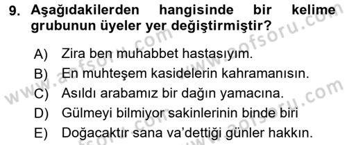 Türkçe Cümle Bilgisi 1 Dersi Ara Sınavı Deneme Sınav Soruları 9. Soru