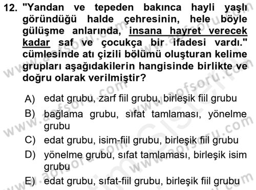 Türkçe Cümle Bilgisi 1 Dersi 2017 - 2018 Yılı (Final) Dönem Sonu Sınav Soruları 12. Soru