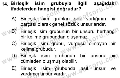 Türkçe Cümle Bilgisi 1 Dersi 2017 - 2018 Yılı (Final) Dönem Sonu Sınav Soruları 14. Soru