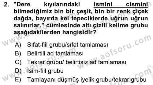 Türkçe Cümle Bilgisi 1 Dersi 2017 - 2018 Yılı (Final) Dönem Sonu Sınav Soruları 2. Soru