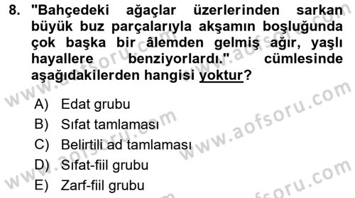 Türkçe Cümle Bilgisi 1 Dersi 2017 - 2018 Yılı (Final) Dönem Sonu Sınav Soruları 8. Soru