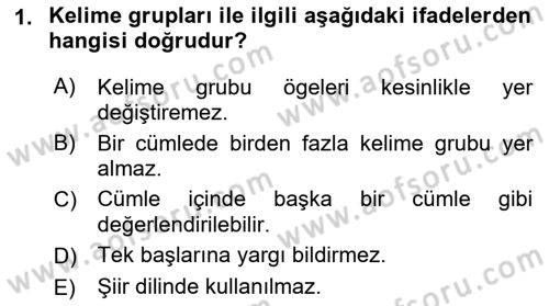 Türkçe Cümle Bilgisi 1 Dersi Ara Sınavı Deneme Sınav Soruları 1. Soru