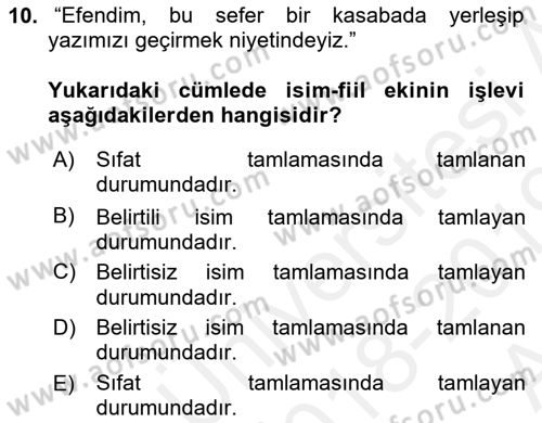 Türkçe Cümle Bilgisi 1 Dersi Ara Sınavı Deneme Sınav Soruları 10. Soru