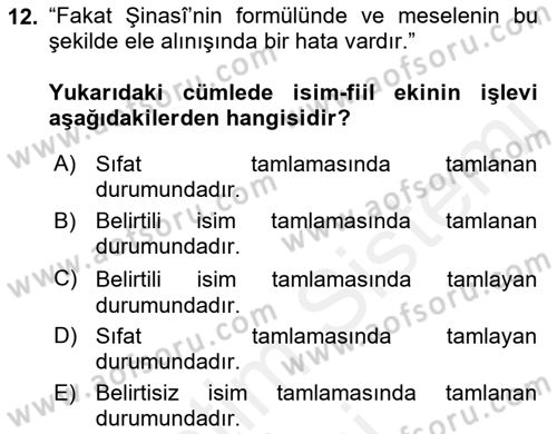 Türkçe Cümle Bilgisi 1 Dersi Ara Sınavı Deneme Sınav Soruları 12. Soru