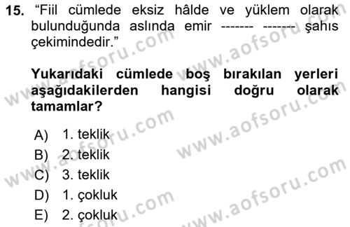 Türkçe Cümle Bilgisi 1 Dersi Ara Sınavı Deneme Sınav Soruları 15. Soru
