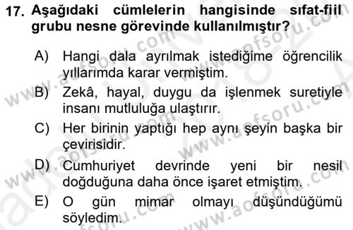 Türkçe Cümle Bilgisi 1 Dersi Ara Sınavı Deneme Sınav Soruları 17. Soru