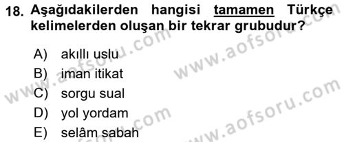 Türkçe Cümle Bilgisi 1 Dersi Ara Sınavı Deneme Sınav Soruları 18. Soru