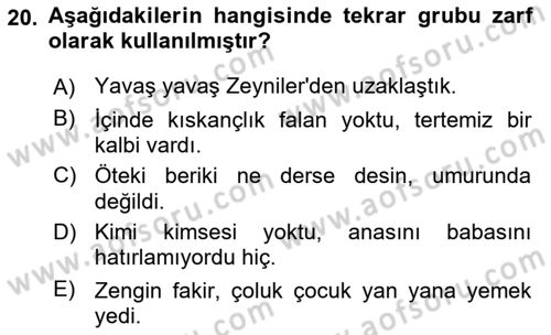 Türkçe Cümle Bilgisi 1 Dersi Ara Sınavı Deneme Sınav Soruları 20. Soru