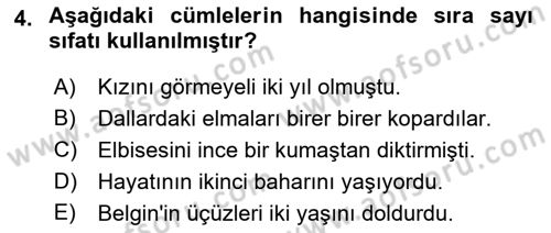 Türkçe Cümle Bilgisi 1 Dersi Ara Sınavı Deneme Sınav Soruları 4. Soru