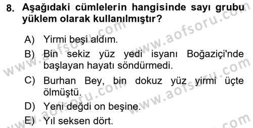 Türkçe Cümle Bilgisi 1 Dersi Ara Sınavı Deneme Sınav Soruları 8. Soru